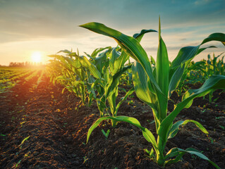 Obraz premium green corn field or maize field at agriculture farm in the morning sunrise 