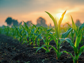 Obraz premium green corn field or maize field at agriculture farm in the morning sunrise 