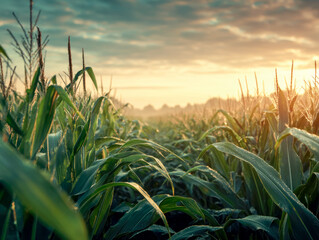 Obraz premium green corn field or maize field at agriculture farm in the morning sunrise 