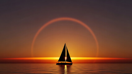 Sailboat on calm waters during vibrant sunset with rainbow halo