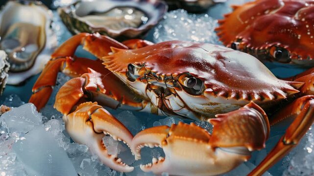 A vibrant red Dungeness crab sits atop a bed of ice in a seafood display case. The crab's claws are prominent and ready to catch the eye of potential buyers.