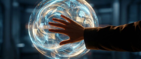 Human hand reaching out to a glowing energy sphere, interacting with futuristic digital technology in a dark, mysterious environment.
