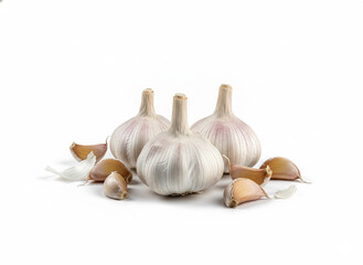 Group of fresh white garlic bulbs isolated on white background