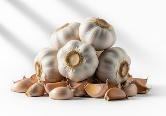 Pile of fresh raw garlic bulbs isolated on white background