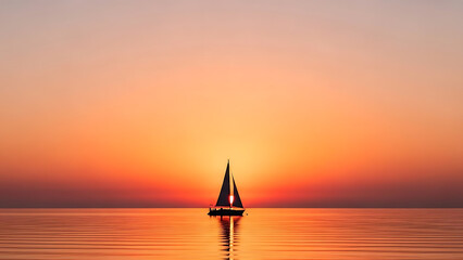 Sailboat on calm waters during vibrant orange sunset over horizon