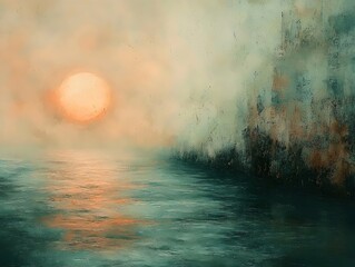 Fototapeta premium A tranquil sunset over a misty water surface, featuring soft hues of orange and teal with a reflective shimmer, creating a serene and dreamlike atmosphere.
