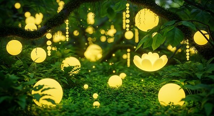 Enchanted garden with glowing orbs and mystical flower, a fairytale landscape