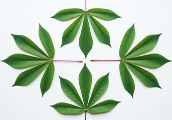 Fresh green cassava leaves arranged in a pattern isolated on white background