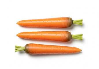 Three fresh orange carrots with green stems isolated on white background