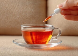 A woman is pouring a food supplement into a cup of tea on a wooden table inside, captured up close