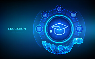 Education. Innovative online e-learning and internet technology concept. Education icon in wireframe hand. Webinar, teaching, online training courses. Skill development. Vector illustration.