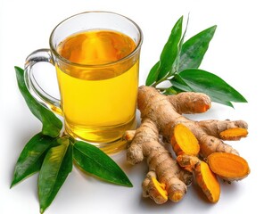 A chilled turmeric beverage served in a glass cup, featuring freshly sliced turmeric root and green leaves against a white backdrop, is a spice-infused drink that can also serve medicinal purposes