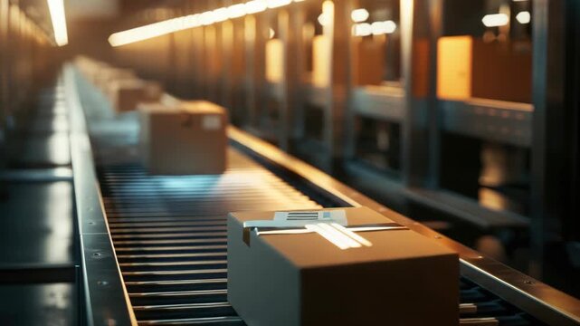 Rows of brown cardboard shipping boxes moving down the line in an industrial facility.