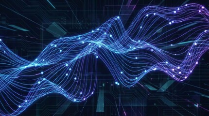 Abstract glowing blue purple wavy lines form connected network on a dark digital background, symbolizing data flow and modern technology.