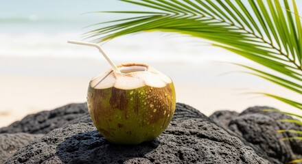 Refreshing Comorian Coconut Water in Shell with Straw, Condensation, and Negative Space Above