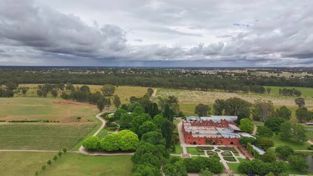 Aerial along the long driveway leading to the All Saints Winery in Wahgunyah Victoria