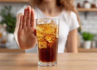 The concept of dieting involves an Asian young woman who gestures no to a cola drink, instead choosing sweet sparkling cold water on a kitchen table and eating healthy food to lose weight