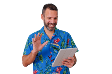 Man in hawaiian shirt making a video call on a tablet, smiling and waving, communicating online, transparent background