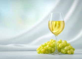 A glass of white wine sits beside a cluster of grapes on a white table