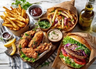 A fast‑food delivery menu backdrop featuring a variety of burgers, cheeseburgers, nuggets, French fries, and fizzy soda drinks, representing junk, unhealthy, ultra‑processed food with low nutrition