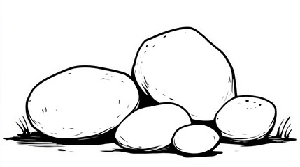 Minimalist Black and White Line Art Illustration of Large Smooth River Rocks and Stones on Ground Isolated on White Background Simple Nature Sketch for Coloring Book Design and Zen Graphic Elements