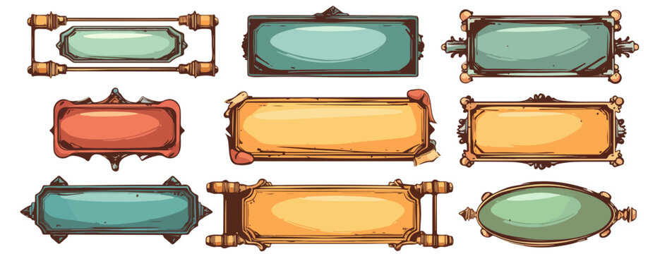 다양한 스타일의 게임 UI 버튼과 프레임 디자인, 투명한 배경에 배치된 판타지 요소들