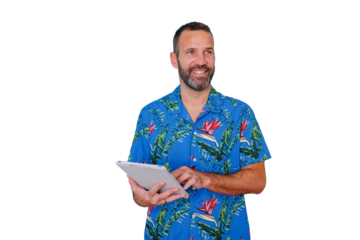Smiling man wearing hawaiian shirt, holding digital tablet, planning summer vacation on transparent background