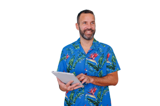 Smiling man wearing hawaiian shirt, holding digital tablet, planning summer vacation on transparent background - Powered by Adobe