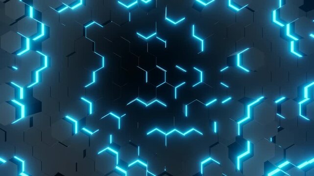 Abstract Sci fi futuristic Technology Animation, High Tech Neon Backdrop or Background, Cyberspace or Cyberpunk Concept. Geometric Shapes and Neon Glowing Loop, Streaming and Presentation wallpaper.