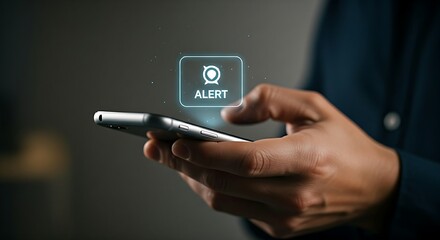 Minimalist notification concept. A single, subtle holographic notification with an icon and the word "ALERT" gently floats above a smartphone.