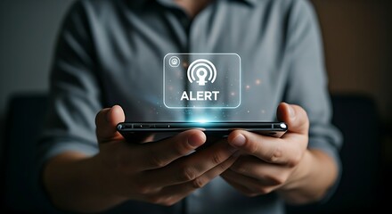 Minimalist notification concept. A single, subtle holographic notification with an icon and the word "ALERT" gently floats above a smartphone.