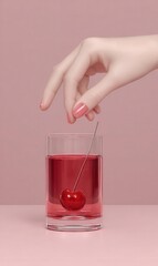A hand extends toward a sleepy girl&rsquo;s mocktail, garnished with lime and cherries, set against a pink backdrop, embodying an alcohol‑free lifestyle, Gen Z health trends, inventive food styling, and