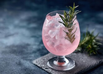 A sophisticated cocktail featuring fresh fruit, served as a gin and tonic with ice at a party against a black backdrop, garnished with pink grapefruit and rosemary