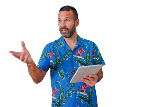 Mature man in hawaiian shirt presenting, holding a tablet and gesturing, discussing casual business technology - Powered by Adobe