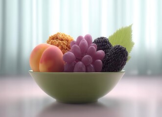 Enjoy a healthy breakfast of granola or muesli topped with berries and fruits, paired with a bouquet of summer flowers on a light table, Horizontal