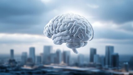 A realistic human brain floats above a modern city skyline, symbolizing artificial intelligence and innovation. The cloudy sky creates a futuristic and visionary atmosphere - Powered by Adobe
