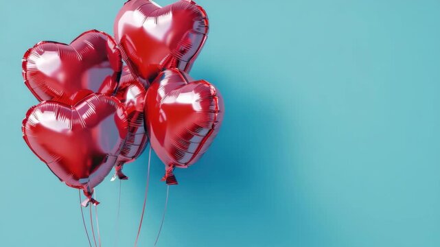 A bouquet of eight red heart-shaped balloons against a gray wall with light blue stripes. Each balloon has a white sticker on it, and the strings are tied together in one bundle.