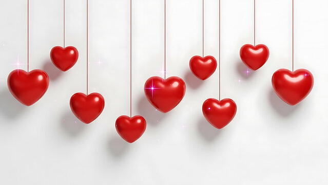 red hearts suspended on strings against a clean white background a minimalist design for valentines day romance and love concepts.