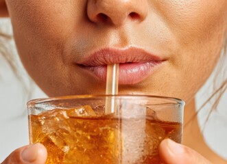 A smiling, happy, thirsty Asian young woman sips from a glass of sparkling soda with ice and a straw, standing alone against a background, evoking a refreshing food and beverage temptation