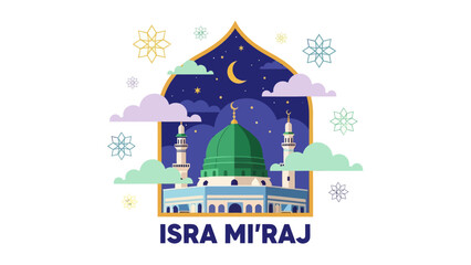 Isra Mi'raj illustration with mosque, crescent moon, stars, clouds, and geometric ornaments. Islamic religious background celebrating the Prophet Muhammad&rsquo;s night journey in a modern flat style.