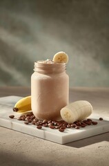 A chocolate coffee smoothie topped with banana, served in a glass against a light blue backdrop and morning shadow, showcasing a healthy eating and detox diet concept for an advertising menu or