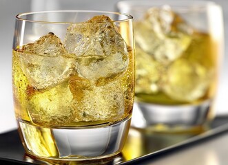 A close‑up top view showcases a glass of orange juice with frothy foam and clear ice cubes, highlighting the texture and contrast against the tabletop