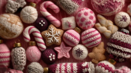 Photo-realistic knitted winter playground, pastel colors, snowman, warm lights, magical Christmas atmosphere for greeting cards or decorations.