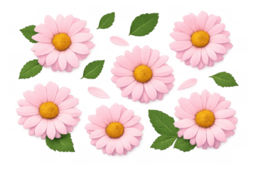 Pink daisy flowers with green leaves and scattered petals, floating botanical elements on transparent background
