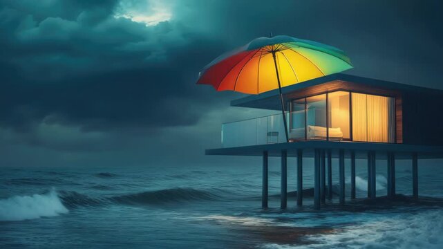 This is a digital of a modern seaside house standing on stilts amidst rough ocean waves during a storm. A vibrant rainbow umbrella is positioned in front of the property