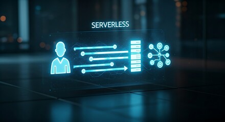 Serverless architecture concept. A hologram shows a data flow from "user" to a "function" icon, with no server in between, and "SERVERLESS" text.