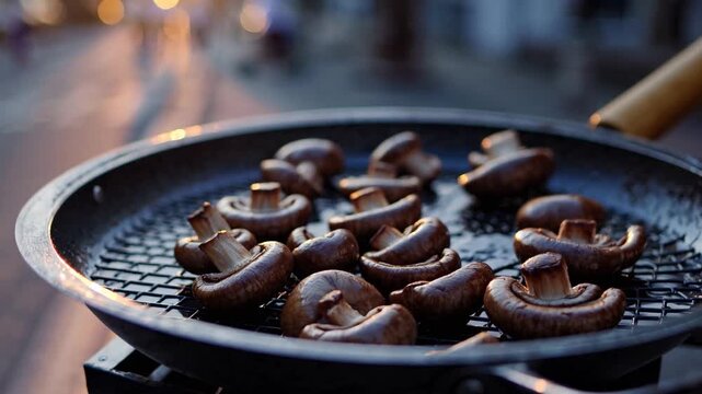 A woman expertly grills shiny, brown mushrooms in a pan as the sun sets, casting a warm glow over the scene. The delicious aroma wafts through the air, tempting nearby onlookers.