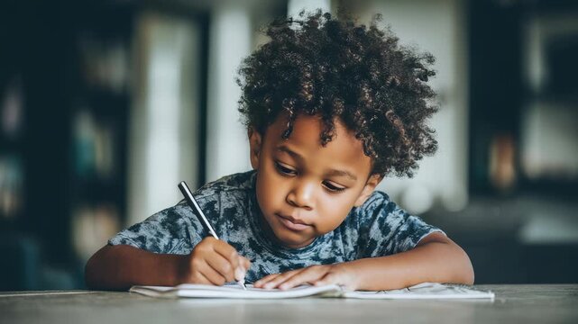 Curly haired child focused on writing in a notebook at home, demonstrating creativity and concentration. Natural light highlights the thoughtful expression and cozy atmosphere