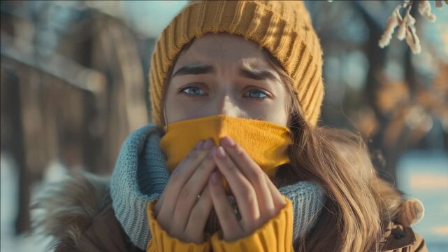 A woman wearing a knit beanie and scarf in the cold weather has her hands clasped together in front of her.