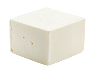 A crisp white block of firm, smooth cheese with small air pockets